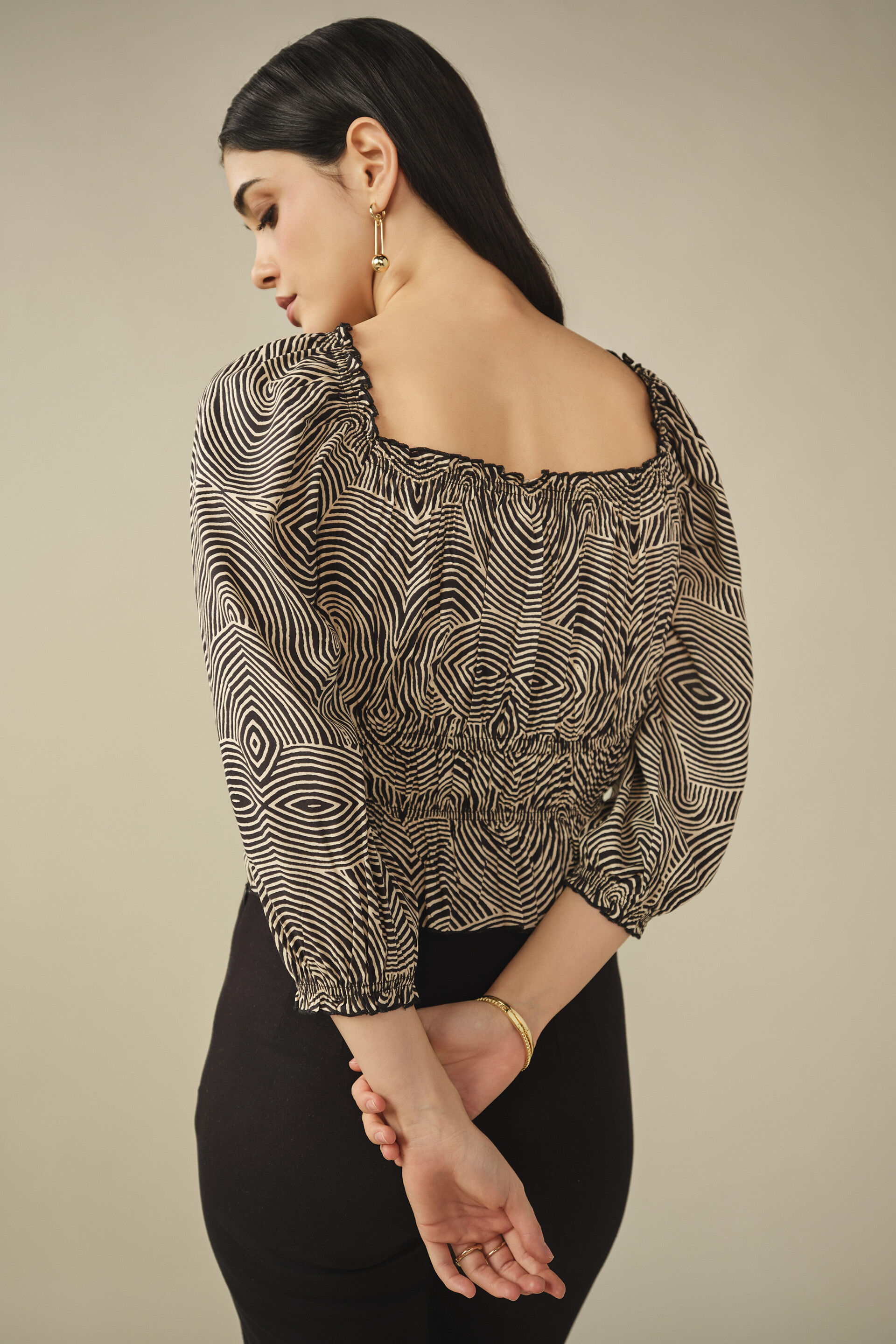 Abstract Printed Smocked Top in Black, Black, image 6